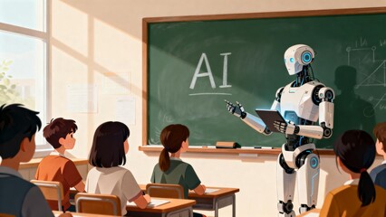 Robot teacher in classroom with students