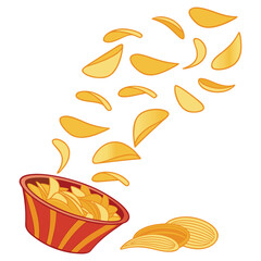 Flying Potato Chips from Bowl Illustration &ndash; Crispy Snack Chips Splash, Golden Crunchy Potato Slices Isolated on White Background, Fast Food and Junk Food Concept Vector