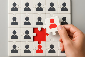 Hand inserting the missing puzzle piece with a highlighted red person icon, symbolizing HR, talent acquisition, selection, and the right team fit.