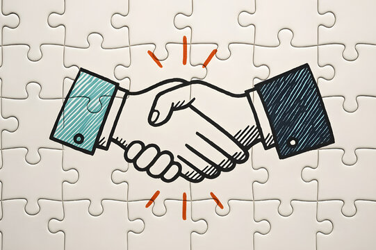 Conceptual image of a handshake illustration drawn across assembled white jigsaw puzzle pieces, symbolizing business partnership and agreement.