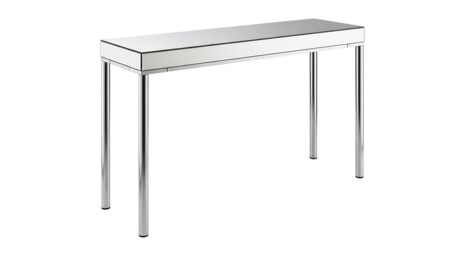 Elegant console table with mirror top and silver legs isolated on white background