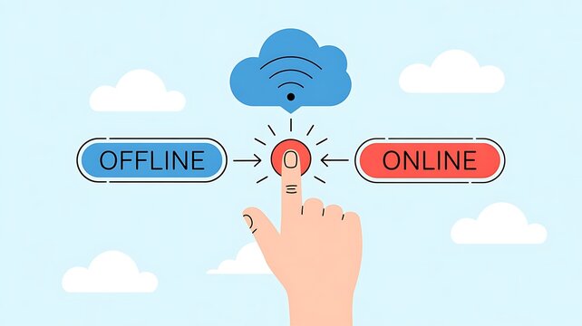 Finger pressing button between online and offline options with cloud and wifi symbol
