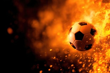 Naklejka premium A vibrant soccer ball emerges from an explosion of fiery orange flames against a dark backdrop