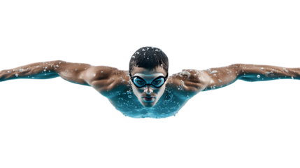 Male swimmer in goggles and cap swimming freestyle isolated on transparent background