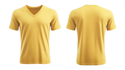 Plain Yellow V-Neck T-Shirt Mockup Front and Back Views 3D Rendering on transparent background
