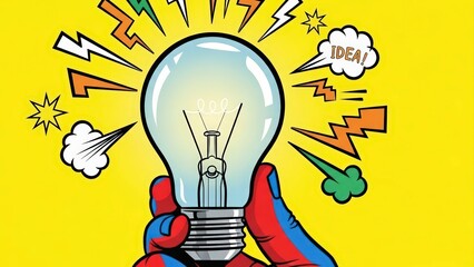 Hand holding a glowing light bulb with comic book style lightning bolts and thought bubbles on a yellow background, symbolizing a bright idea or innovation.