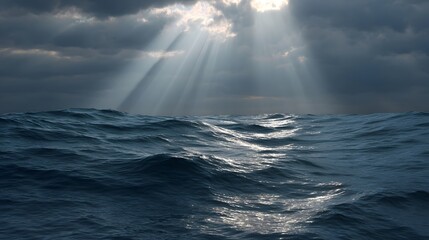 Dramatic sunbeams pierce through stormy clouds illuminating a dark turbulent ocean
