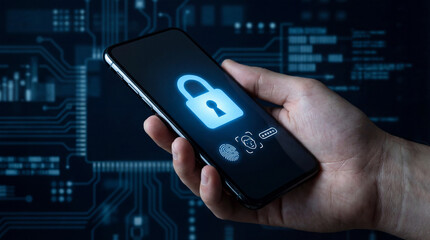 Hand holding smartphone displaying digital security features, illustrating biometric authentication and data protection. Concept of cybersecurity, privacy, and technology advancement.