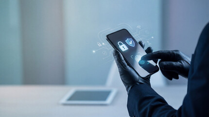 Business professional using smartphone with biometric security features, emphasizing cybersecurity and digital authentication in modern technology.
