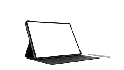 Digital tablet device with a blank screen displayed in a black smart case with stylus, isolated on white background