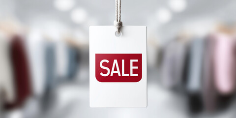 Sale concept with a hanging white tag and bold red discount panel over a blurred store background