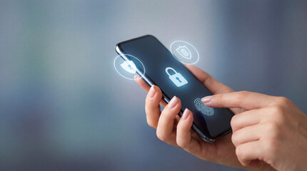 User activating biometric security on smartphone screen, emphasizing personal data protection and cybersecurity. Concept of privacy, technology, and digital safety.