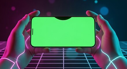 Hands Holding Smartphone with Green Screen in Neon-Lit Cyberpunk Environment.