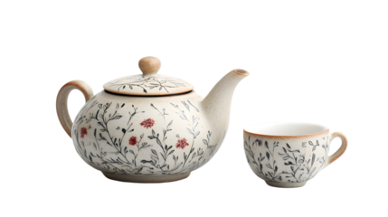 Vintage teapot and cup set with floral pattern on transparent background