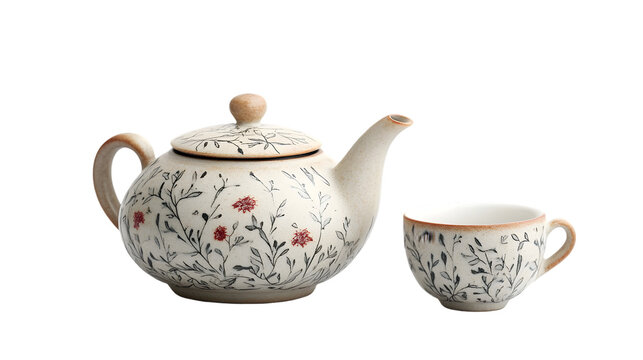 Vintage teapot and cup set with floral pattern on transparent background