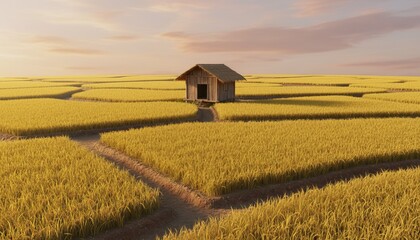 Golden Rice Fields with Small Wooden Cabin