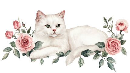 White cat with roses elegant floral pet portrait soft fur romantic composition gentle animal beauty isolated on white background