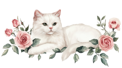 White cat with roses elegant floral pet portrait soft fur romantic composition gentle animal beauty isolated on white background