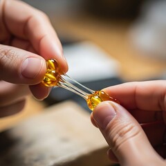 Viscous amber fluid being stretched between fingers, sticky and elastic