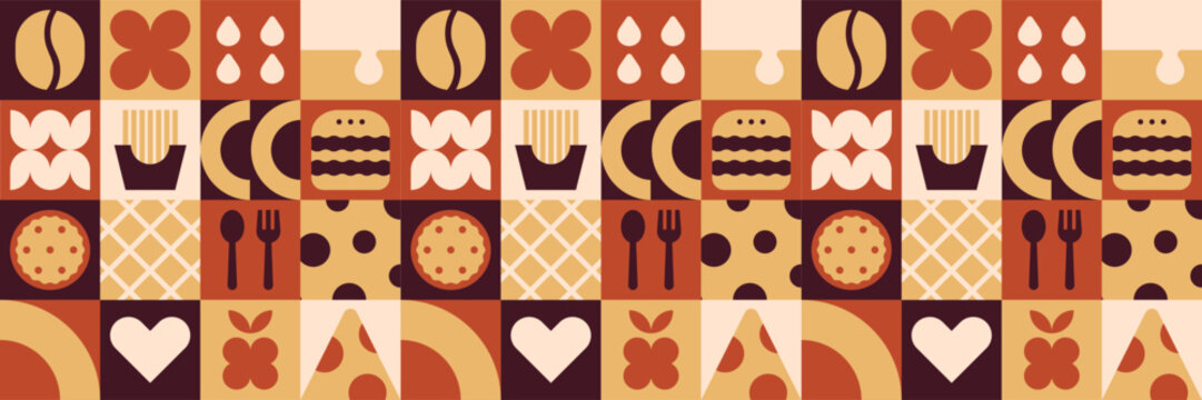 Abstract fast food mosaic pattern with modern burger sandwich and pizza tile design.