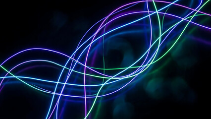 Vibrant neon lines flowing in abstract patterns against a dark background, evoking technology and energy.