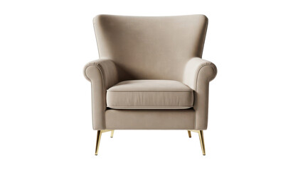Elegant beige velvet armchair with golden legs viewed from the front isolated on white background
