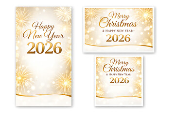 Happy New Year 2026 and Merry Christmas gold and white social media backgrounds with fireworks - Templates for square, portrait posts and etc.