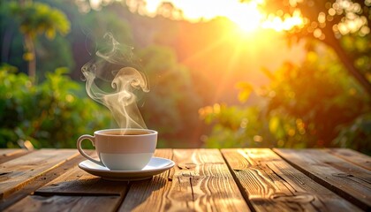 朝日の差し込む屋外テーブルに置かれたコーヒーカップ