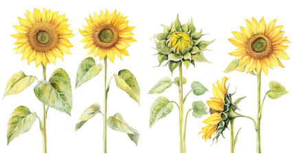 Fototapeta premium Set of watercolor bright yellow sunflowers hand painted floral artwork vivid petals botanical illustration isolated on white background
