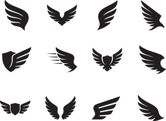 Fototapeta premium Wing logo symbol icon set vector illustration in bold silhouette style, modern branding elements isolated on white.