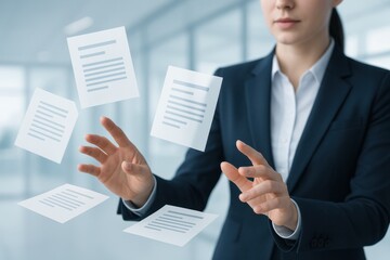 Businesswoman showcasing floating documents in a modern office environment. Concept of digital transformation, workflow management, and innovative documentation processes.