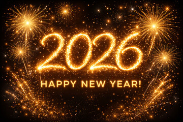 2026 Happy New Year with the number above the text, all formed by brilliant gold light on a deep black background with festive firework bursts and shining dust