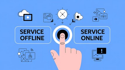 Hand pressing button to switch service from offline to online with icons image photo