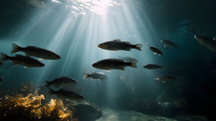 Naklejka premium Sunlight beams pierce the clear blue ocean depths illuminating a school of fish swimming in unison below the surface