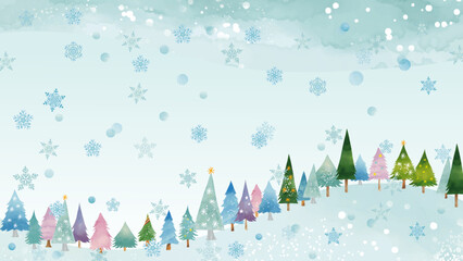 水彩風 かわいい冬景色と雪の結晶フレーム(16:9)Winter Series:Watercolor style cute winter scenery and snowflake frame