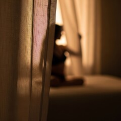 Atmospheric bedroom scene capturing a private moment of relaxation, utilizing depth of field to focus on the breathable texture of the garment.