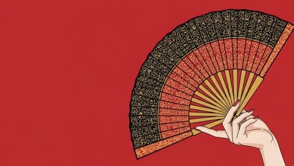 Elegant Hand Holding a Traditional Japanese Fan on Red Background.
