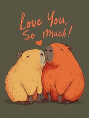  cartoon capybaras sitting close together emracing. Love you so much text above. sainte valentines concept