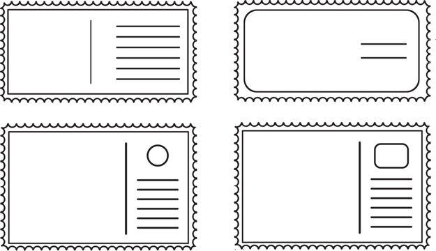 Four Vintage Outline Postcard Backs and Postage Stamp Frames Vector Set for Retro Communication and Travel Design Elements.