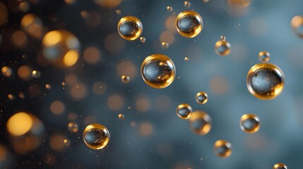 Abstract ro photography of tiny golden luminous bubbles suspended in a dark fluid like bokeh background with dynamic light effects