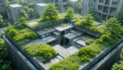 Modern building features lush green rooftop garden with cascading waterfalls, surrounded by urban greenery. design integrates nature into architecture, promoting sustainability and tranquility