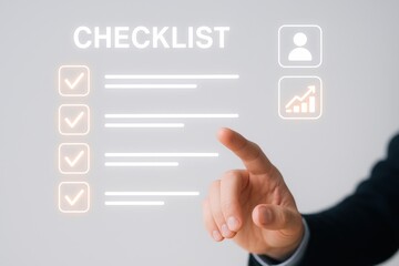 Business professional interacting with digital checklist interface, symbolizing task management, productivity, and digital transformation in modern work environments.