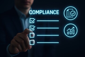 Business professional interacting with a digital compliance checklist interface, emphasizing data verification, accountability, and regulatory adherence in corporate environments.