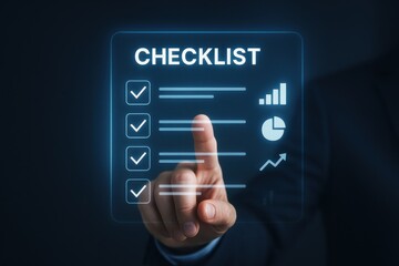 Business professional interacting with a digital checklist interface, focusing on efficiency and task management. Concept of productivity, organization, and modern technology in the workplace.