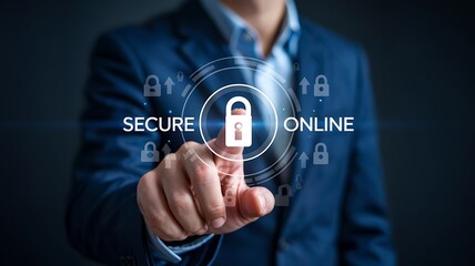 Man in suit touching secure online padlock icon on digital interface image photo