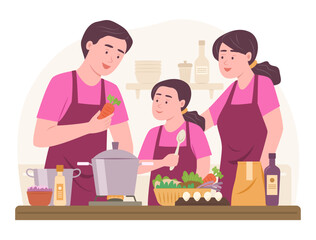 Parents Teaching Their Daughter Prepare Food Ingredients for Cooking in Kitchen for Culinary and Family Relation Activity Concept Illustration