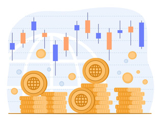 Digital Coin Asset with Financial Candlestick Chart for Online Investment in Cryptocurrency and Block Chain Industry Concept Illustration Clip Art