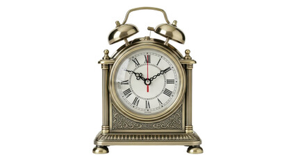 Decorative table clock with vintage design and roman numerals isolated on white background