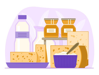 Yogurt, Cheeses and Fresh Plain Milk for Dairy Product and Healthy Nutrient Foods Concept Illustration