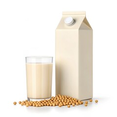Soy milk in a glass with a carton and soybeans on white background